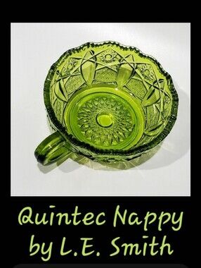 6 5/8" Quintec Hobsters Pinwheels Green Glass Sawtooth Rim Nappy by L.E. Smith